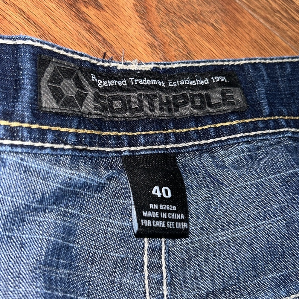 Vintage Y2K Baggy SouthPole Dark Jorts Gold Embroidered Pocket Old Label Sz 40 - Picture 2 of 12